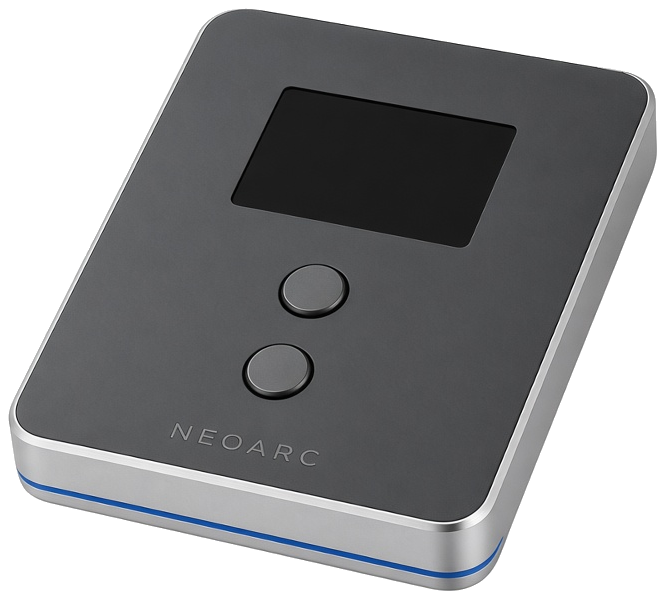 NEOARC hardware wallet, titanium body with a blue indicator line