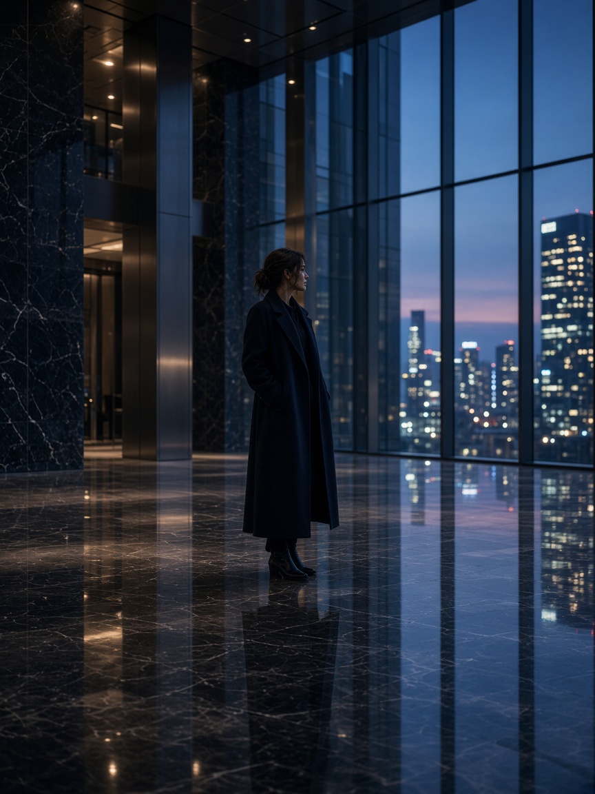Glass corporate lobby at dusk