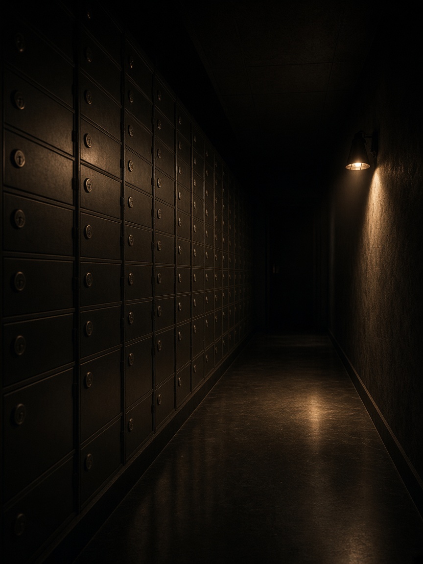 Private vault corridor with metal lockboxes